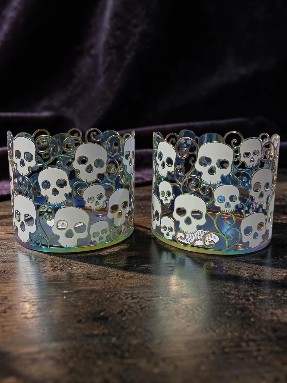 Iridescent Skull Candle Holders - Metal Home Accent (White Skulls)